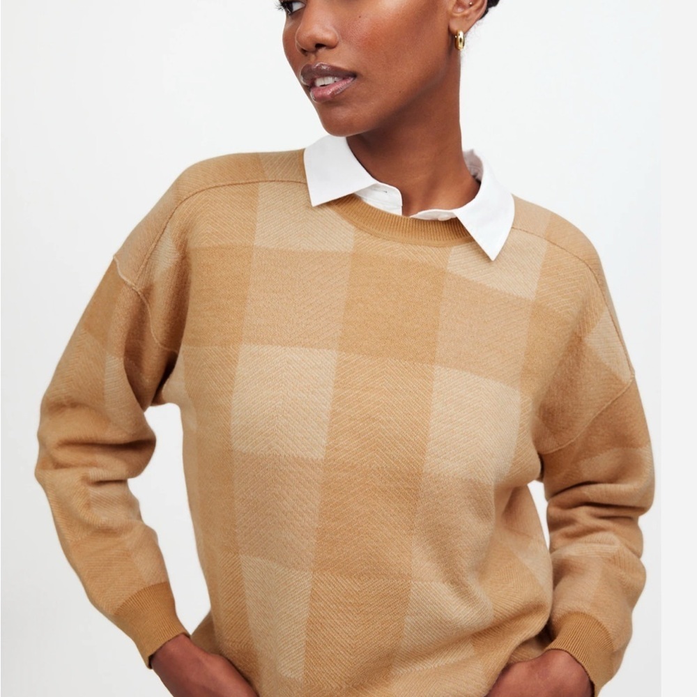 Madewell  women’s Plaid Camel Sweater 100%merino wool